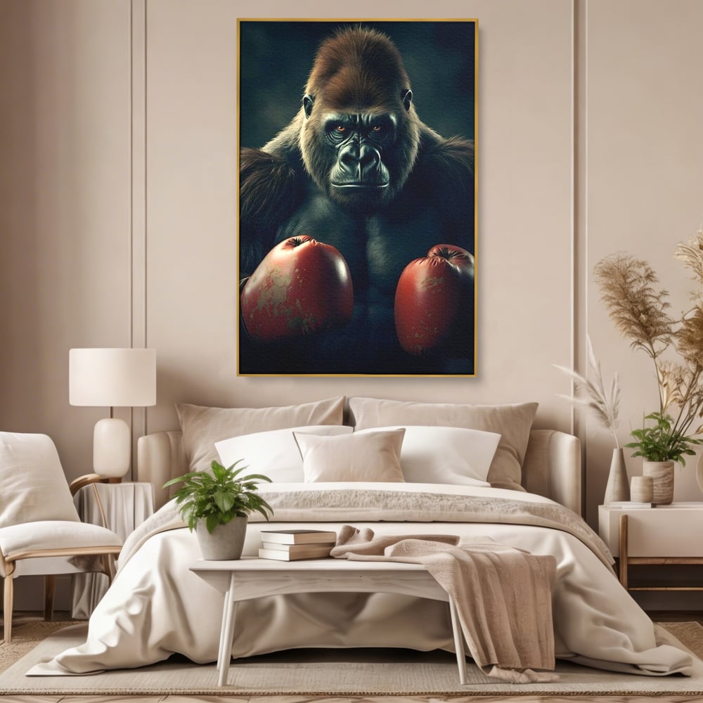 Tablou canvas cu tablou canvas cu gorila boxer, in rama de aluminiu auriu, pe perete intr-un dormitor